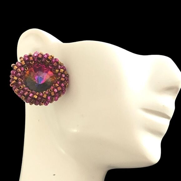 Swarovski watermelon rivoli artisan hand beaded hot pink gold pierced earrings - Picture 4 of 7